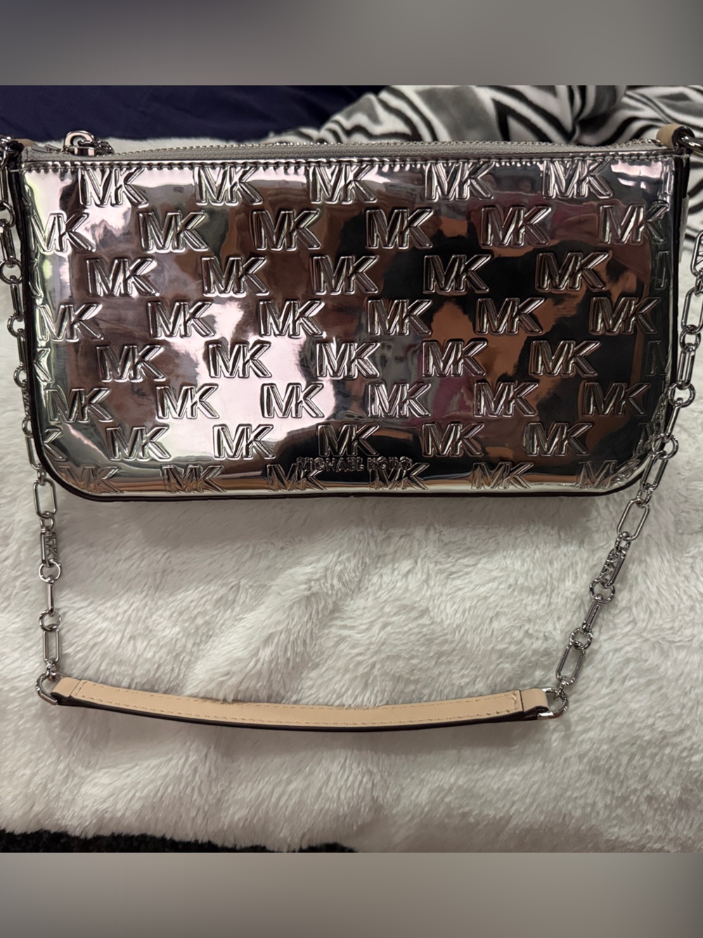 Michael Kors Silver Embossed MK Logo Shoulder Bag